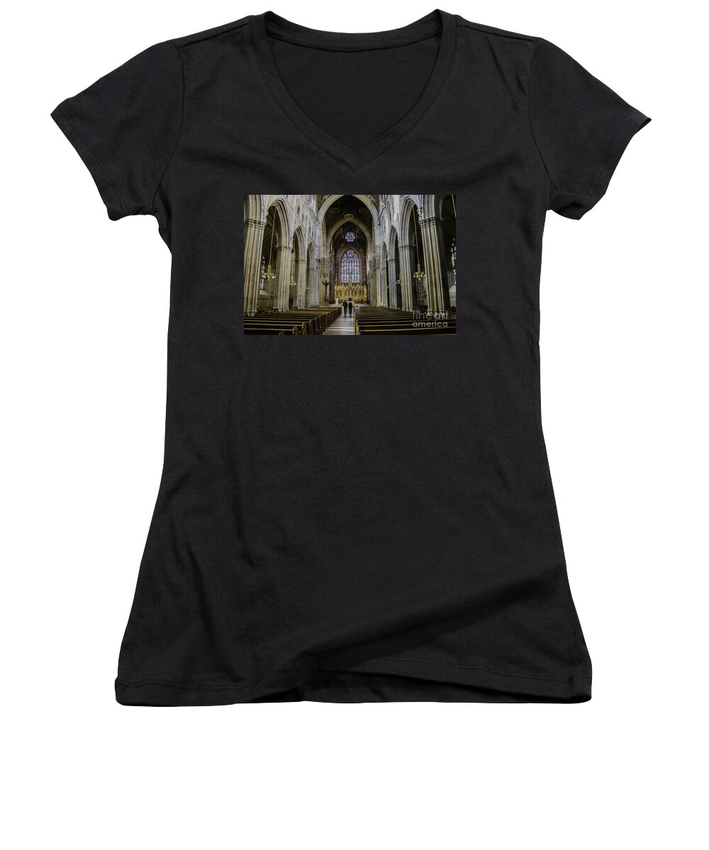 Aisle Women's V-Neck featuring the photograph Reverence - St. Patrick's Church by Mary Carol Story
