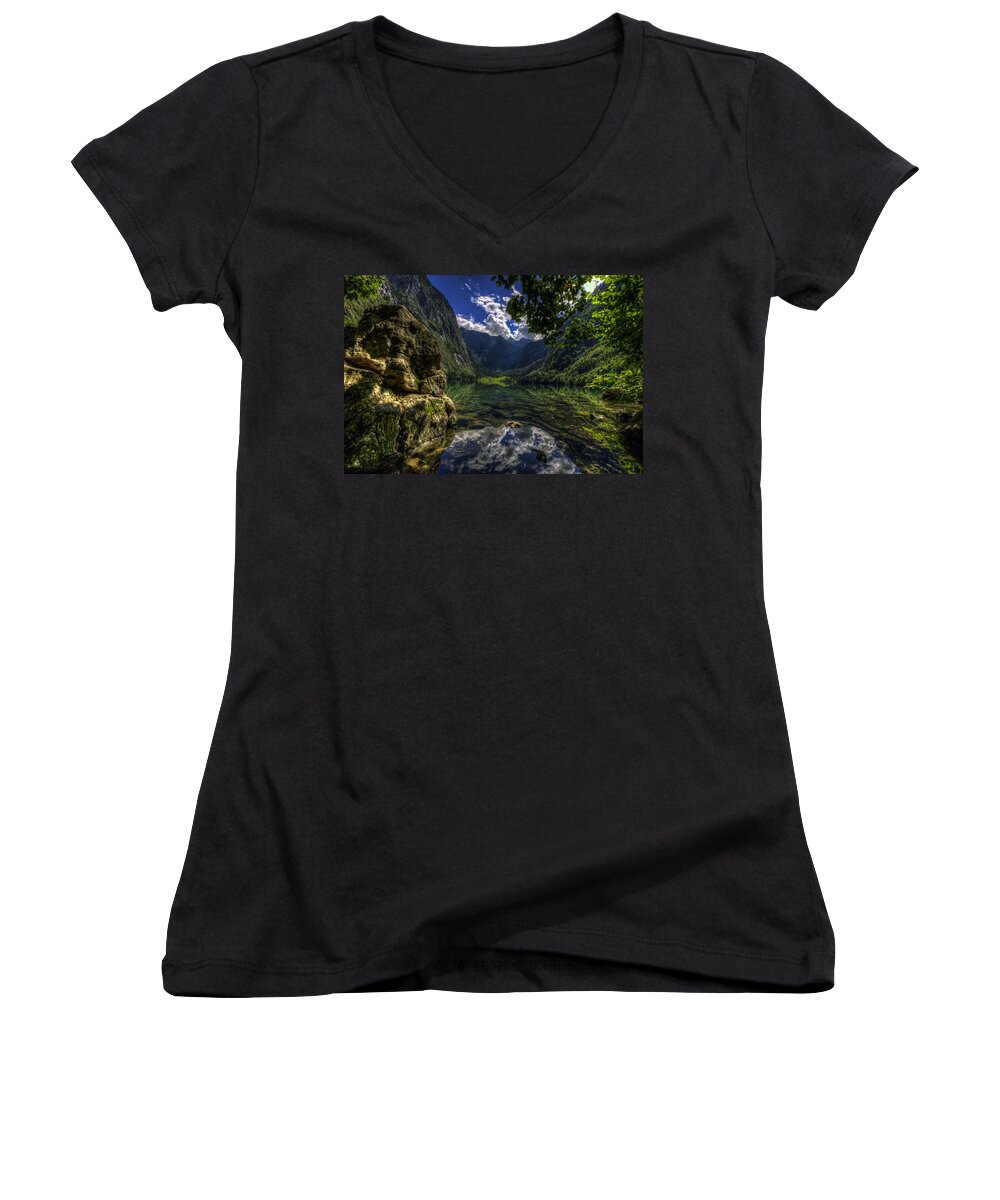 Obersee Women's V-Neck featuring the photograph Rock and Reflections on the Obersee by Josh Bryant