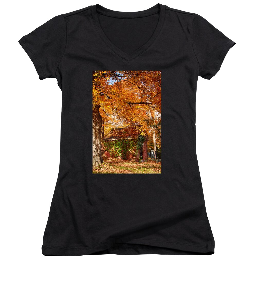 Autumn Foliage New England Women's V-Neck featuring the photograph Rock of ages surrouded by color by Jeff Folger
