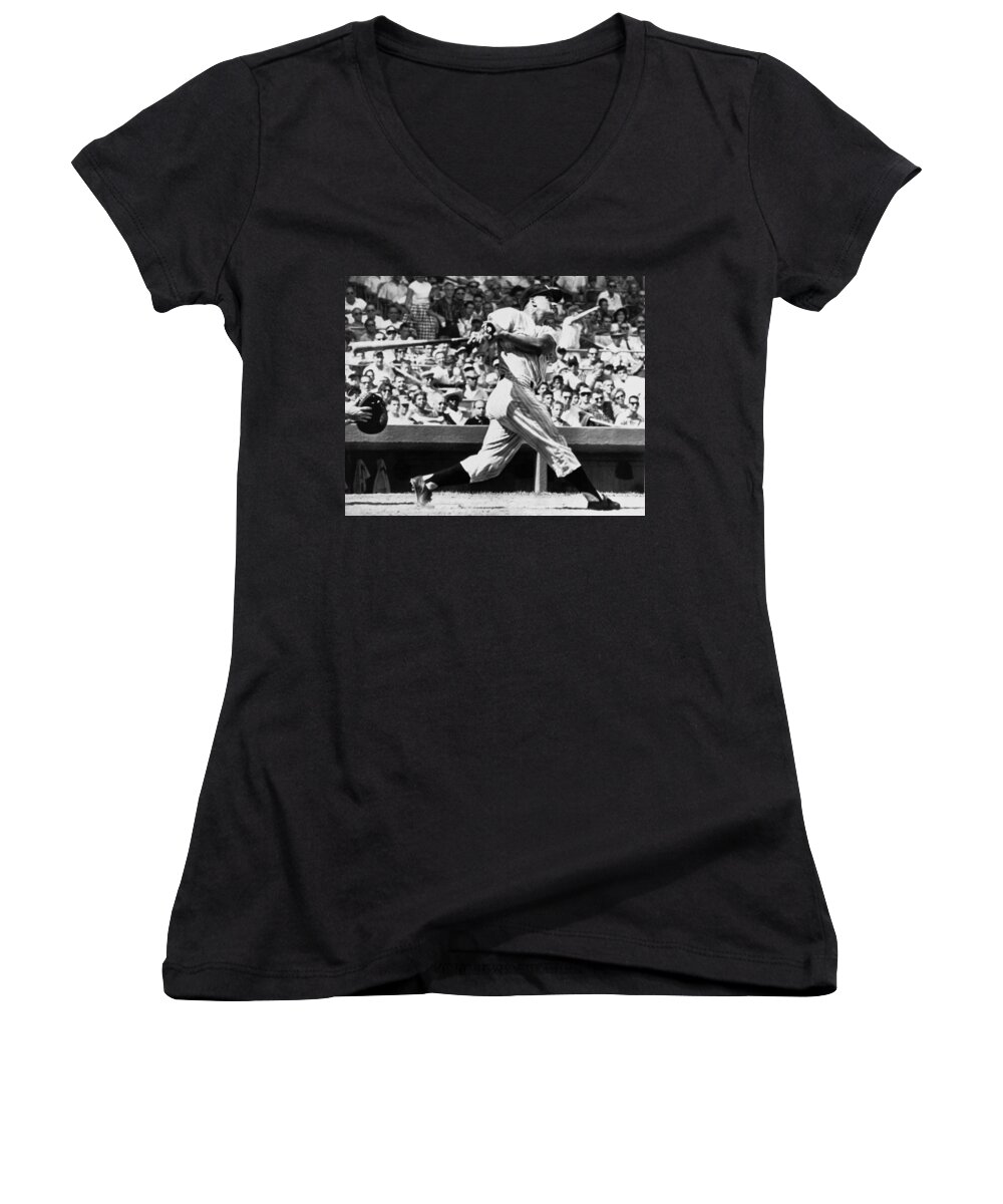 1950's Women's V-Neck featuring the photograph Roger Maris Hits 52nd Home Run by Underwood Archives
