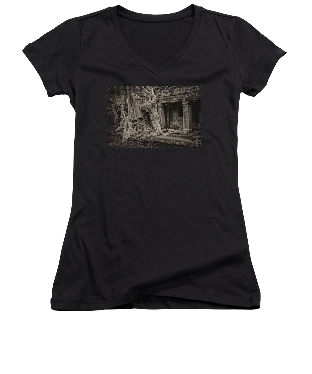 Angkor Women's V-Neck featuring the photograph Roots in Ruins 7, Ta Prohm, 2014 by Hitendra SINKAR