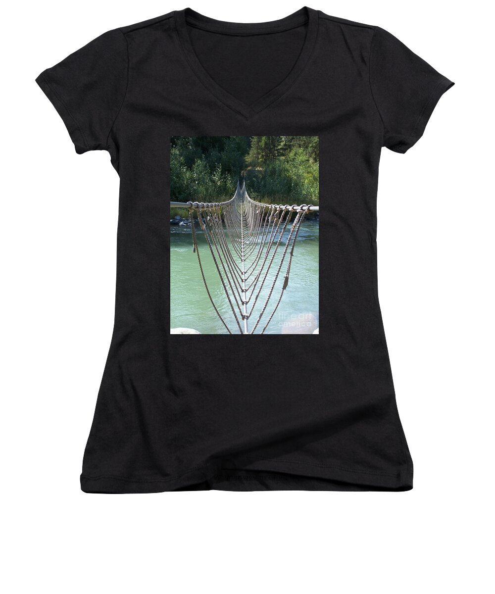 Rope Bridge Women's V-Neck featuring the photograph Rope foot Bridge by Ron Roberts