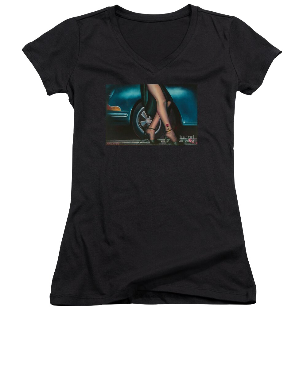 Legs Women's V-Neck featuring the painting Rose Tattoo by Mary Ann Leitch