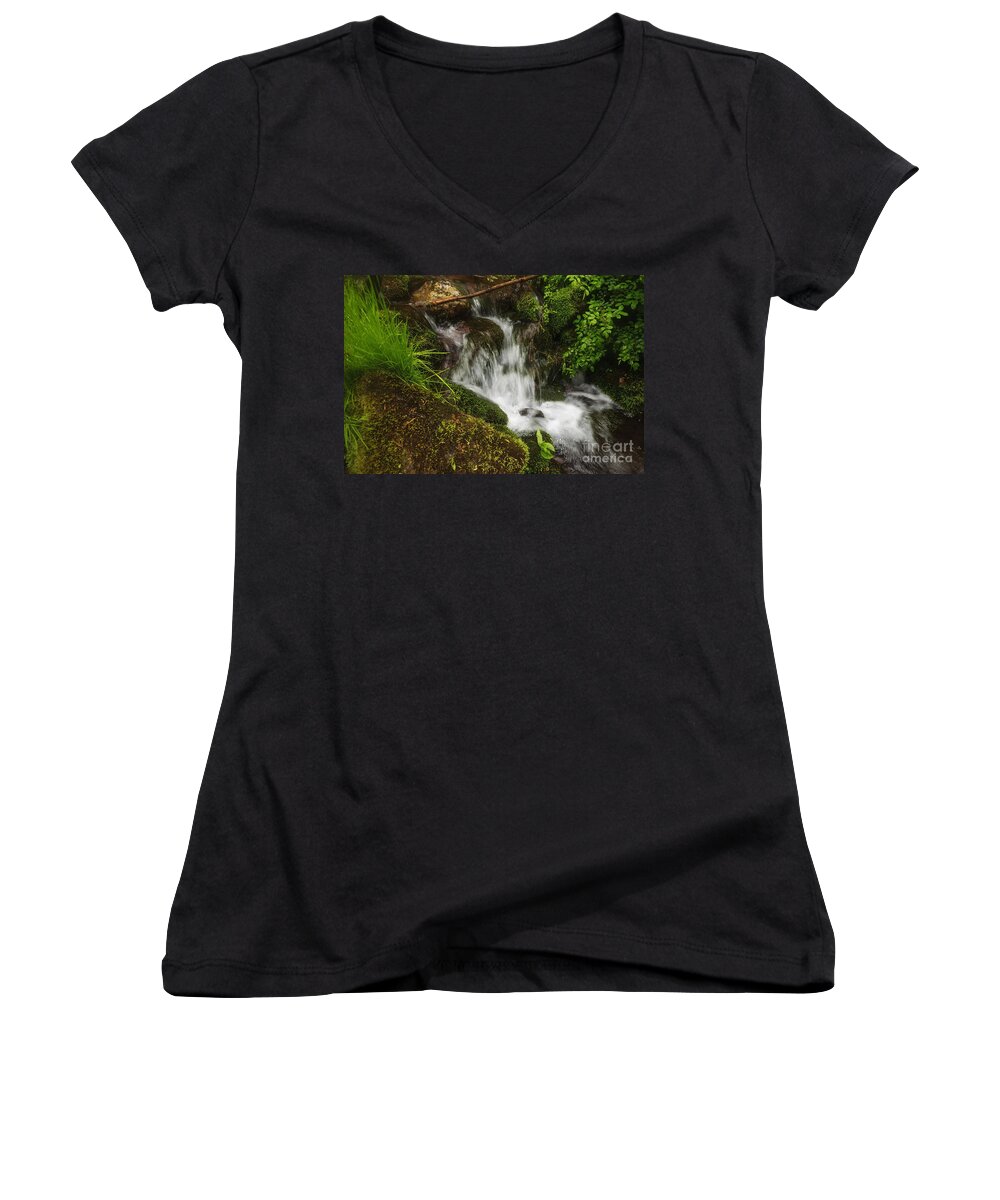 (relaxed Or Relaxing) Women's V-Neck featuring the photograph Rushing Mountain Stream and Moss by Debra Fedchin