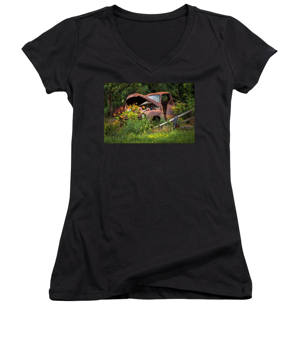 Old Truck Women's V-Neck featuring the photograph Rusty Truck Flower Bed - Charming Rustic Country by Gary Heller