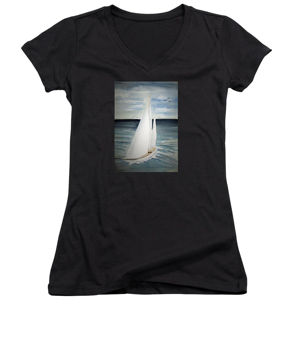 Yacht Women's V-Neck featuring the painting Sailing by Elvira Ingram