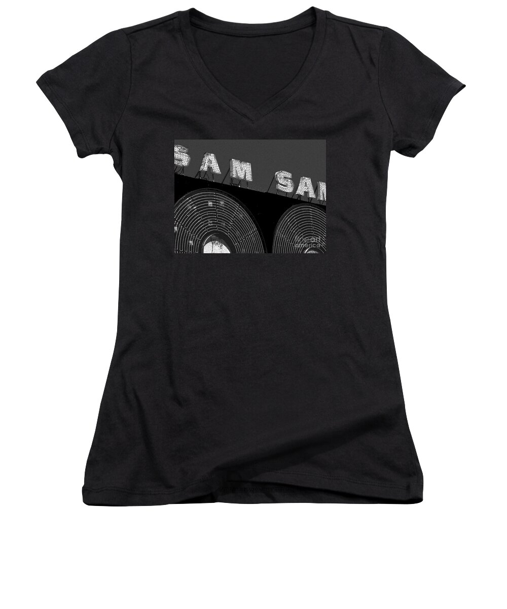 Black And White Women's V-Neck featuring the photograph Sam the Record Man at night by Nina Silver