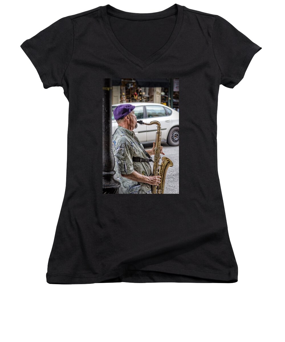 Hat Women's V-Neck featuring the photograph Sax In The Street by Jim Shackett