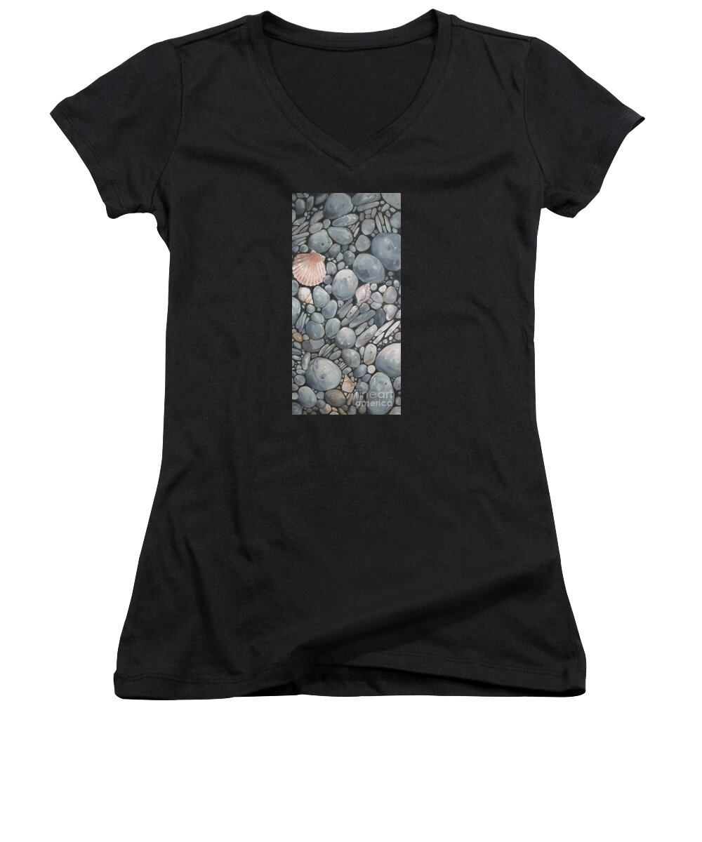 Doodlefly Women's V-Neck featuring the painting Scallop Shell and Black Stones by Mary Hubley