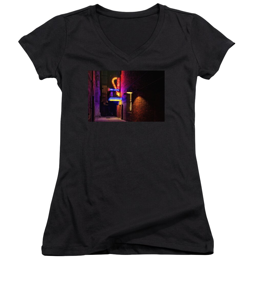 Jazz Women's V-Neck featuring the photograph SCAT Jazz Lounge by Debby Richards
