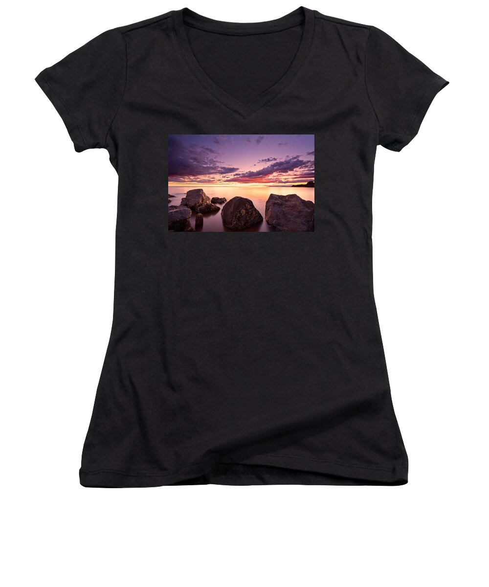 Beach Women's V-Neck featuring the photograph Sea at sunset the sky is in beautiful dramatic color by U Schade