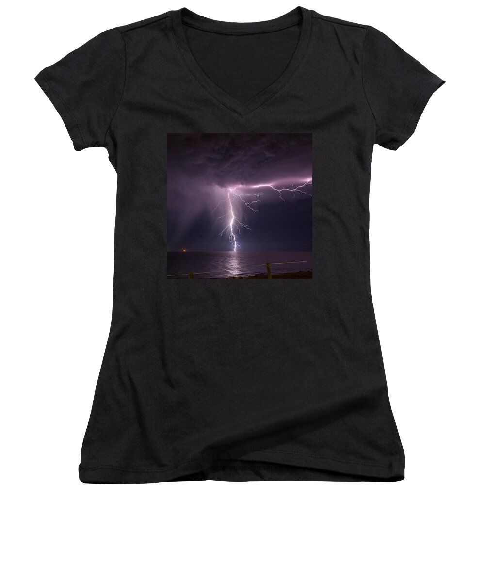 Lightning Women's V-Neck featuring the photograph Sea Strike by Robert Caddy