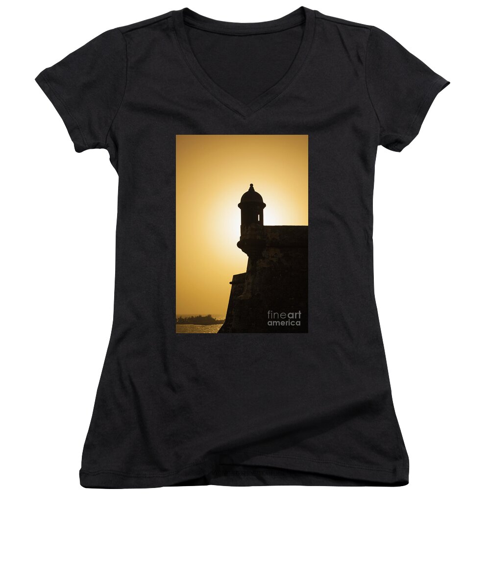 Agefotostock Women's V-Neck featuring the photograph Sentry Box at Sunset at El Morro Fortress in Old San Juan by Bryan Mullennix
