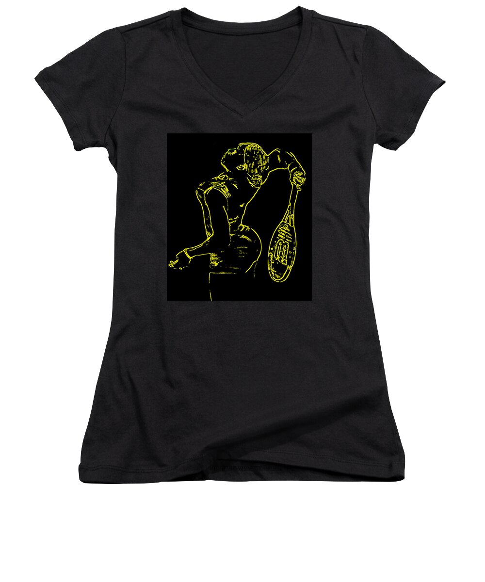 Serena Williams Women's V-Neck featuring the digital art Serena Glowing Catsuit by Brian Reaves