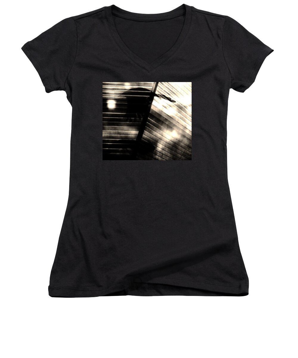 Birds Shadows Sepia Dark Photography Blinds Window Conceptual Women's V-Neck featuring the photograph Shadows Symphony by Jessica S