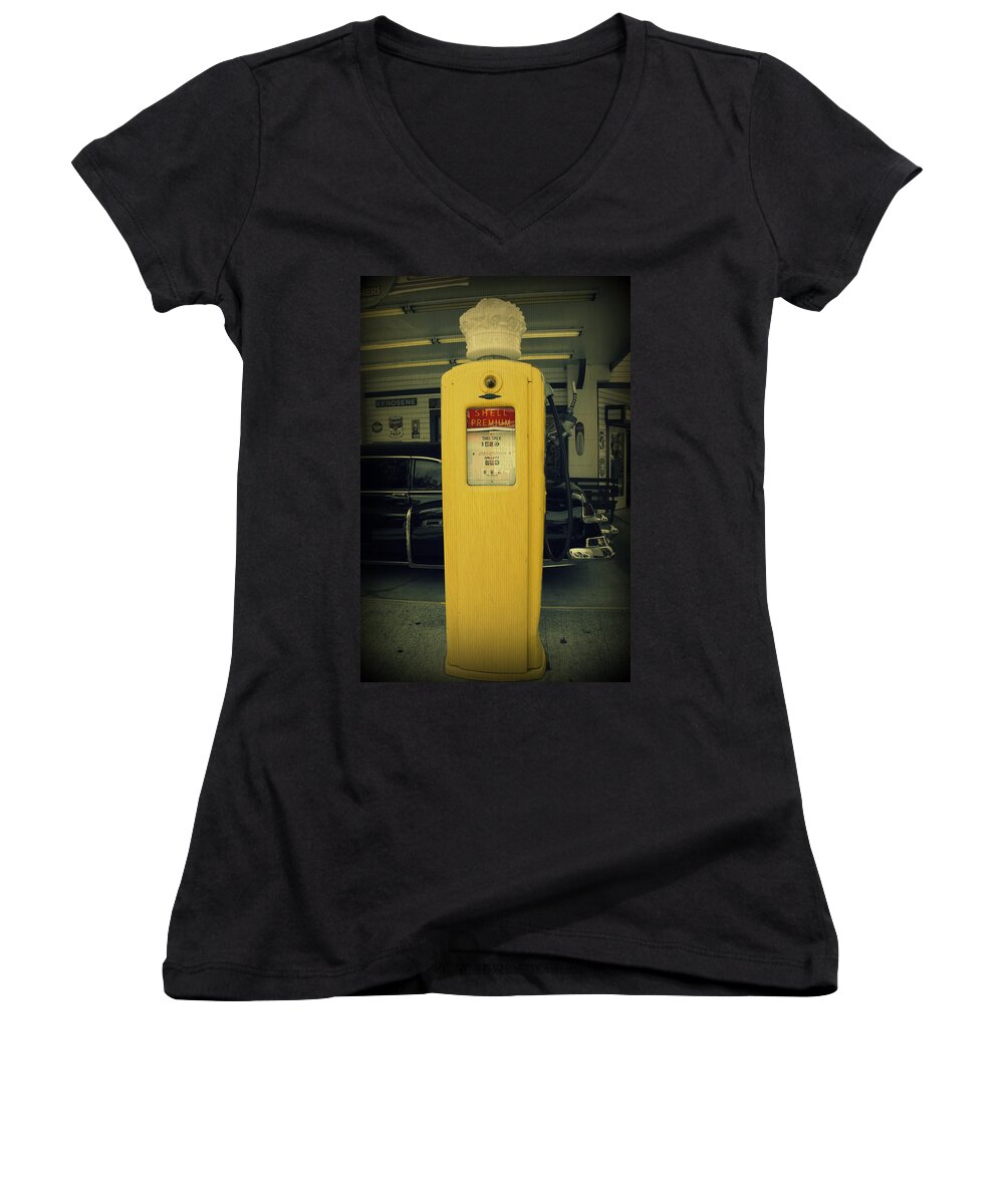 Gas Pump Women's V-Neck featuring the photograph Shell Premium by Laurie Perry