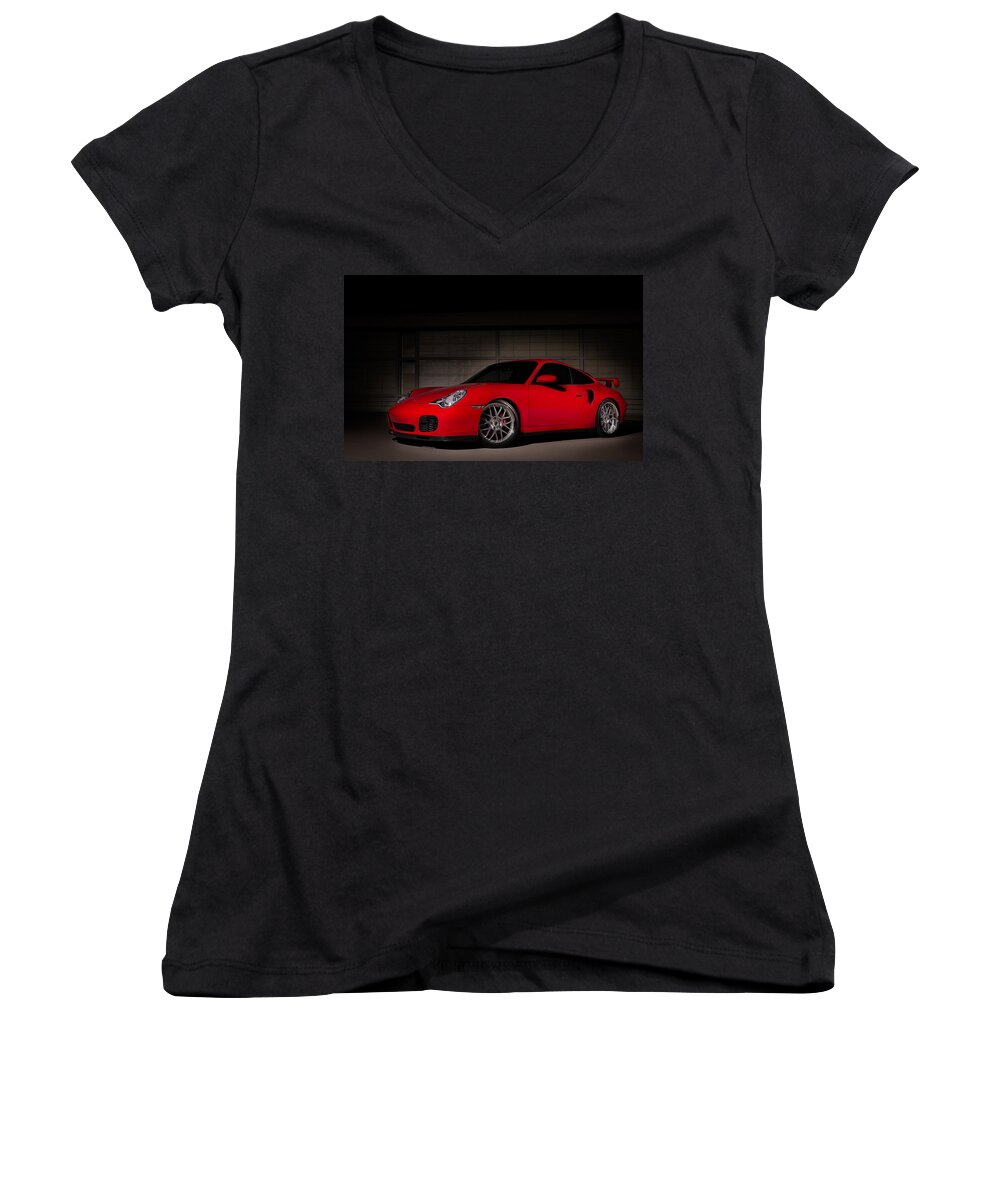 Red Women's V-Neck featuring the digital art Shot in the Dark by Douglas Pittman