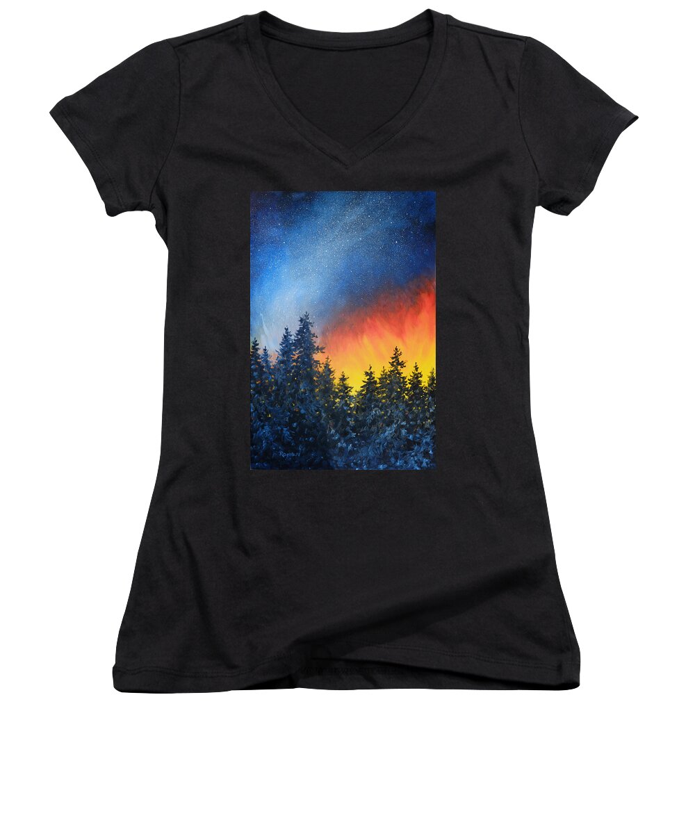 Night Women's V-Neck featuring the painting Sky Fire by Richard De Wolfe