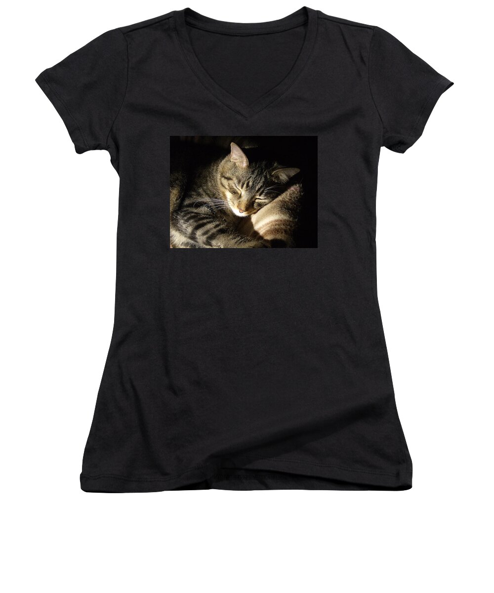 Cat Women's V-Neck featuring the photograph Sleeping Beauty by Leslie Manley