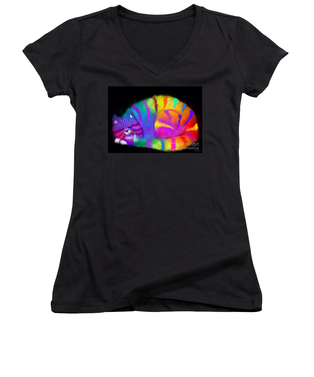 Cat Women's V-Neck featuring the painting Sleepy Colorful Cat by Nick Gustafson
