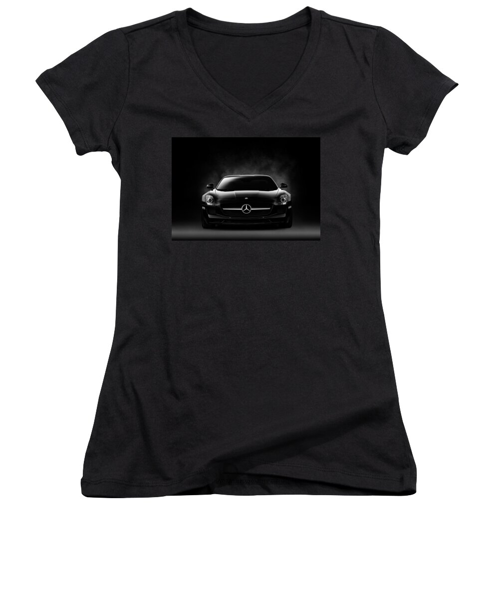 Mercedes Women's V-Neck featuring the digital art SLS Black by Douglas Pittman