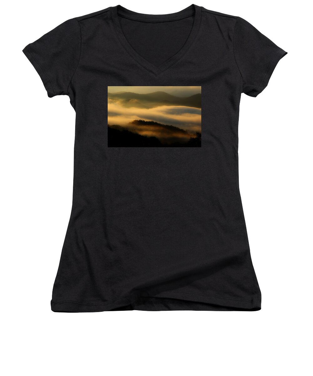 Smoky Mountains Sunrise Women's V-Neck featuring the photograph Smoky Mountain Spirits by Michael Eingle