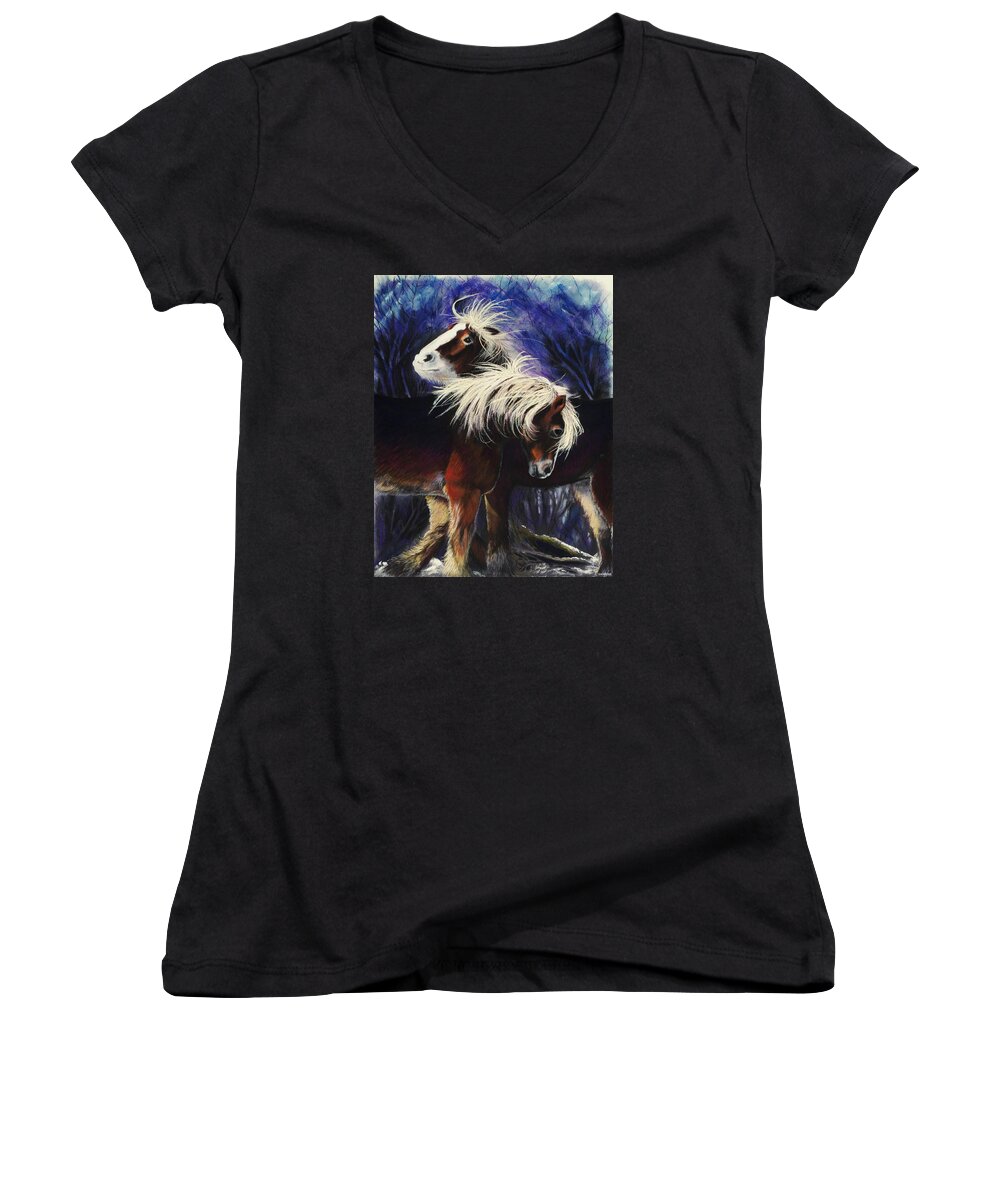 Horse Pony Ponies Horses Snow Winter Purple Shetland Shaggy Companionship Love Windy Tousled Red Animals Nature Women's V-Neck featuring the pastel Snow Ponies by Brenda Salamone
