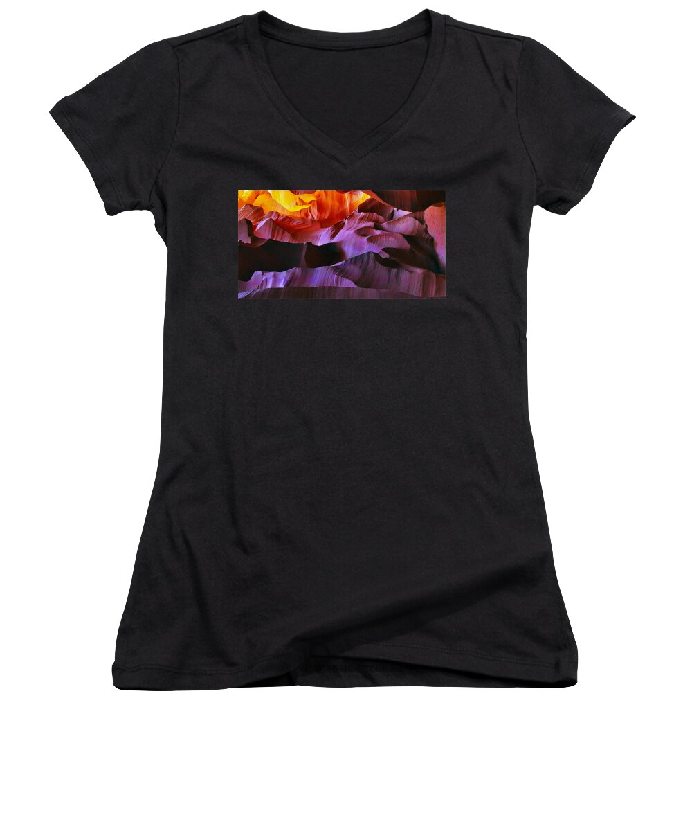 Antelope Canyon Women's V-Neck featuring the photograph Somewhere in America series - Transition of the Colors in Antelope Canyon by Lilia S