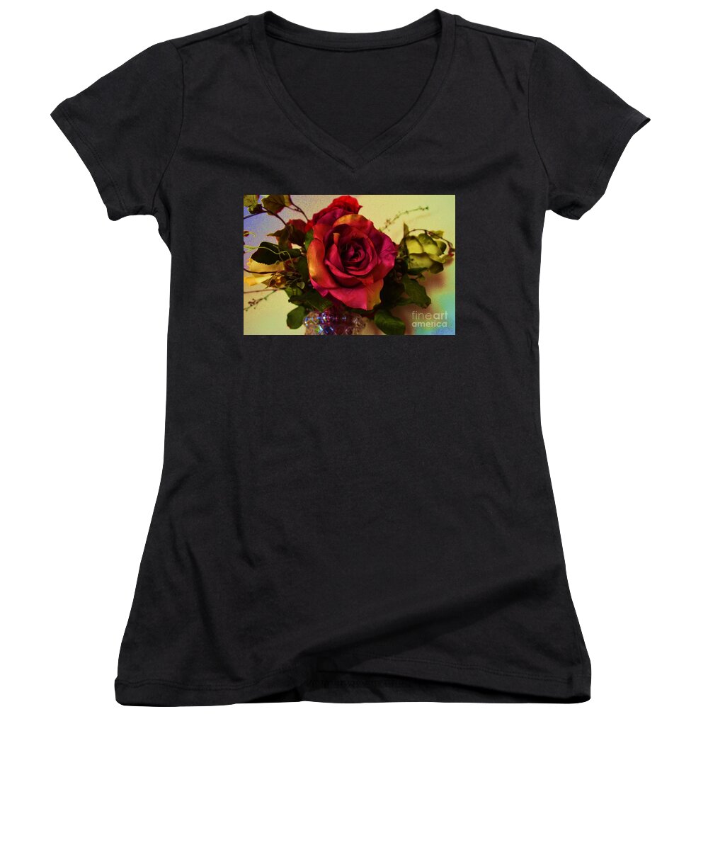Red Rose Women's V-Neck featuring the photograph Splendid Painted Rose by Luther Fine Art