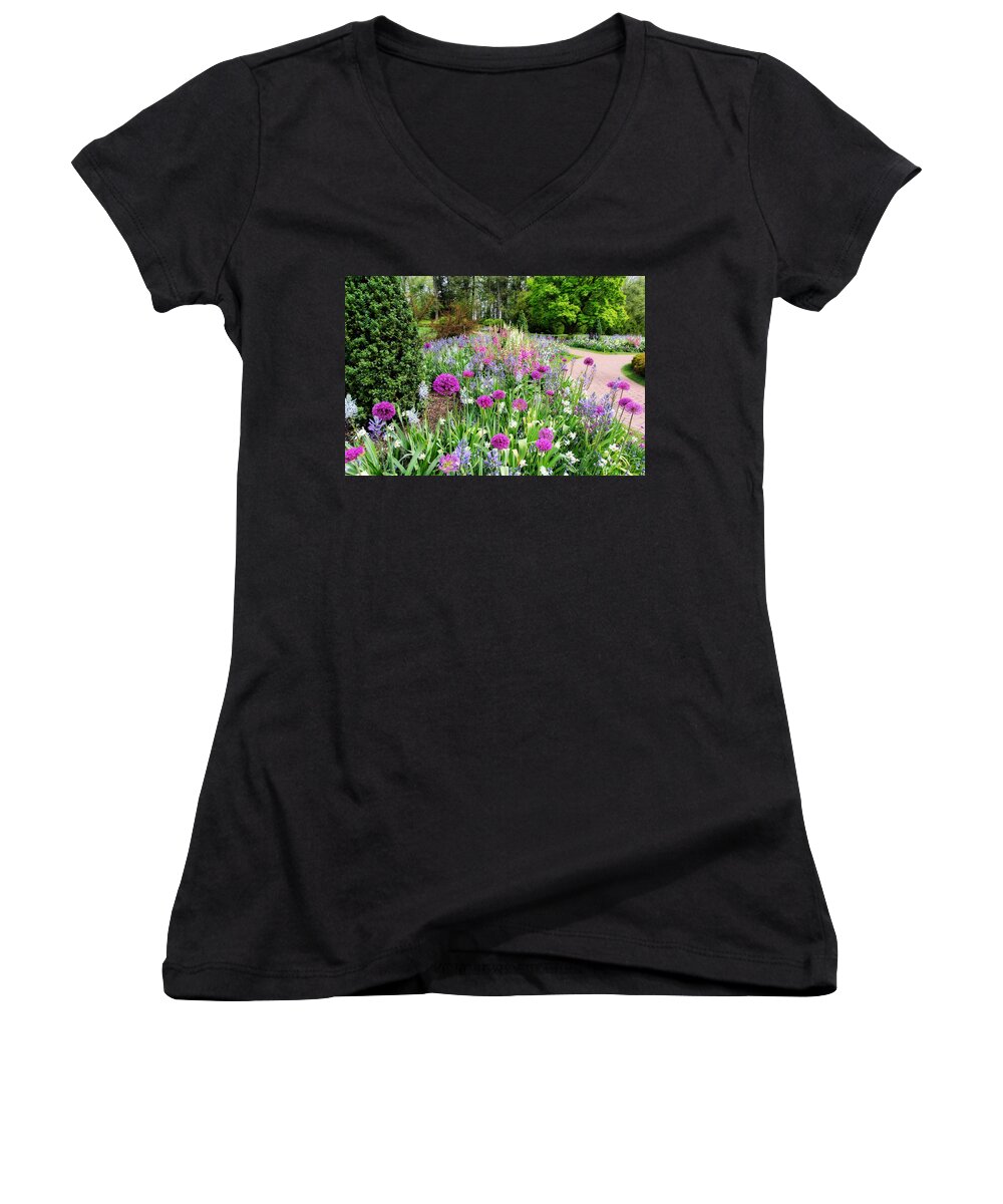 Flowers Women's V-Neck featuring the photograph Spring Gardens by Trina Ansel