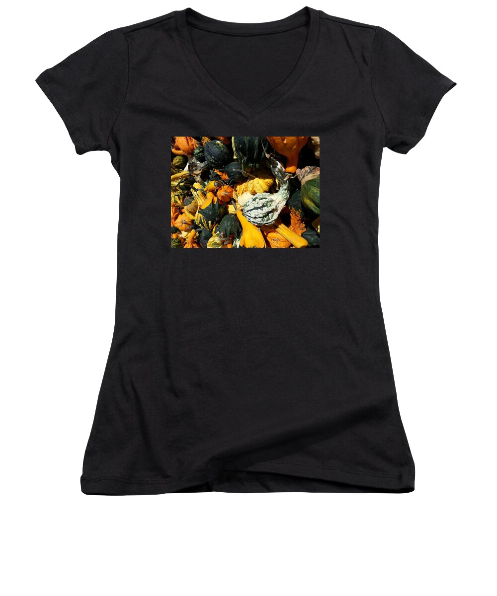 Harvest Women's V-Neck featuring the photograph Squish Squash by Caryl J Bohn