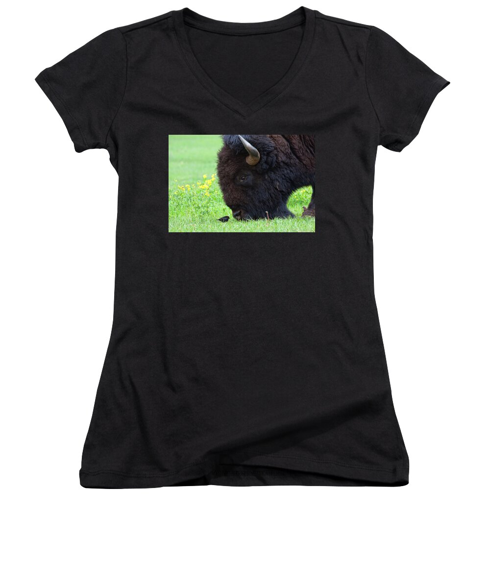Buffalo Bull Canvas Print Women's V-Neck featuring the photograph Stand Your Ground by Jim Garrison