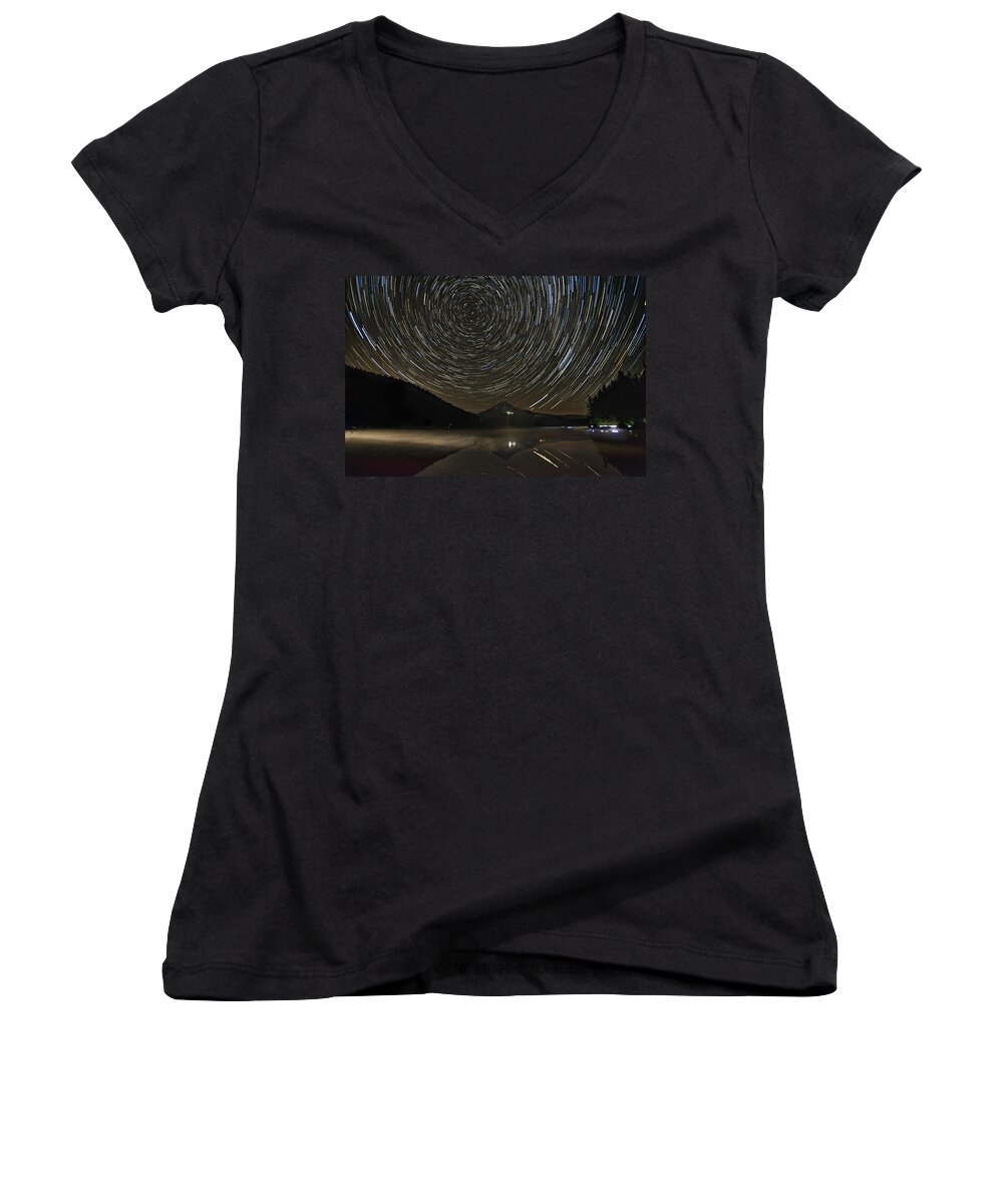 Star Trails Women's V-Neck featuring the photograph Star Trails Over Mount Hood at Trillium Lake by David Gn