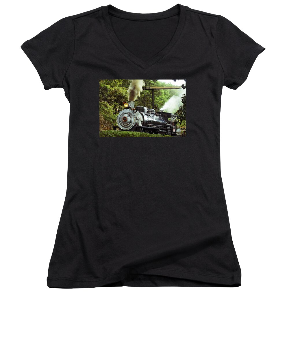 Train Women's V-Neck featuring the photograph Steam Engine by Laurie Perry
