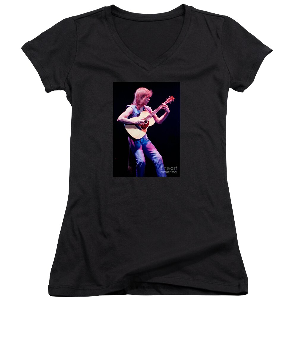 Steve Howe Women's V-Neck featuring the photograph Steve Howe of Yes performing The Clap by Daniel Larsen