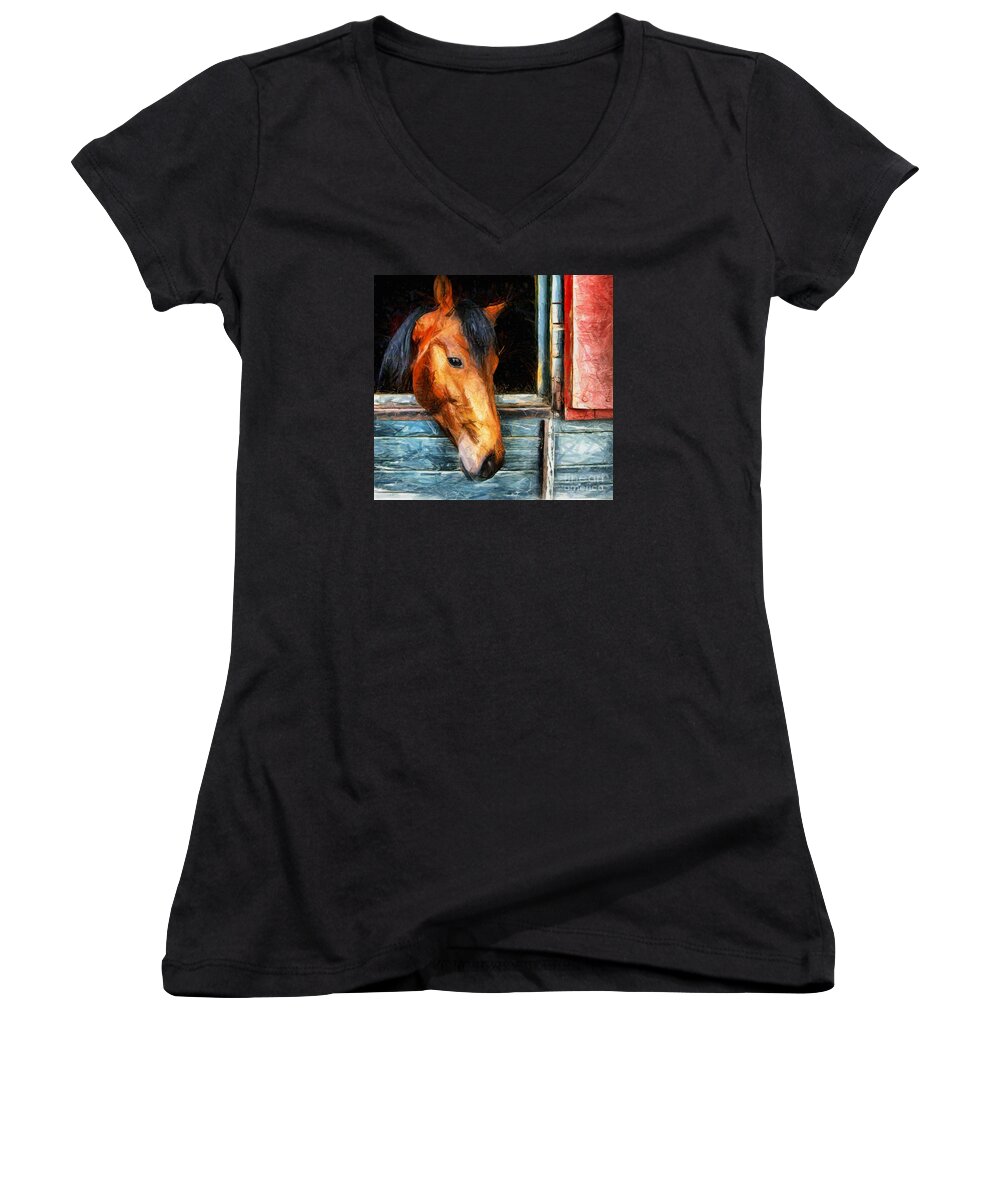Horse Women's V-Neck featuring the drawing Strong Powerful Beautiful - Horse Drawing by Daliana Pacuraru