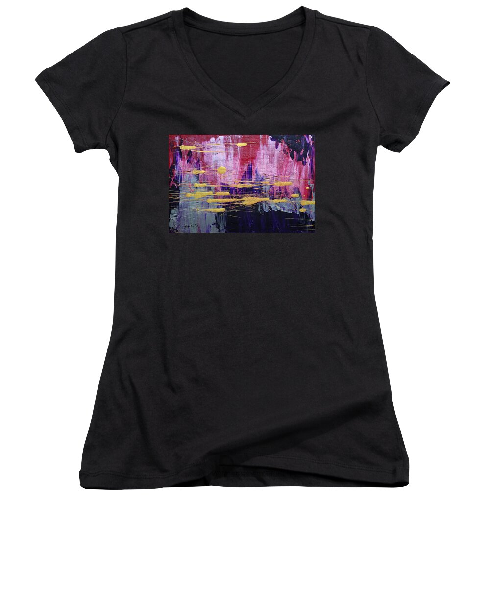 Bold Abstract Women's V-Neck featuring the painting Sun Stroke by Donna Blackhall