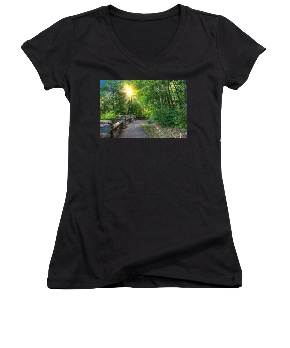 Sunlit Women's V-Neck featuring the photograph Sunlit Path by Mary Almond