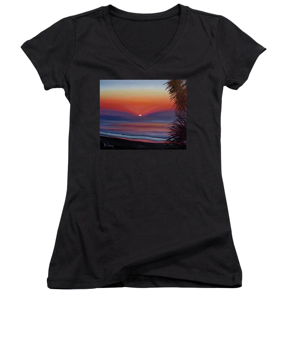 Beach Women's V-Neck featuring the painting Sunrise Glow by Donna Tuten