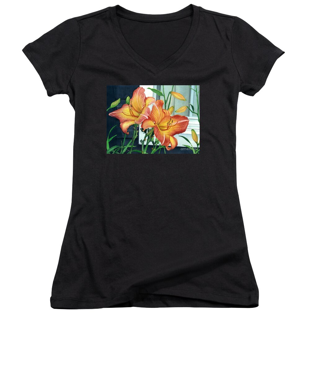 Flowers Women's V-Neck featuring the painting Sunrise-Sunset by Barbara Jewell