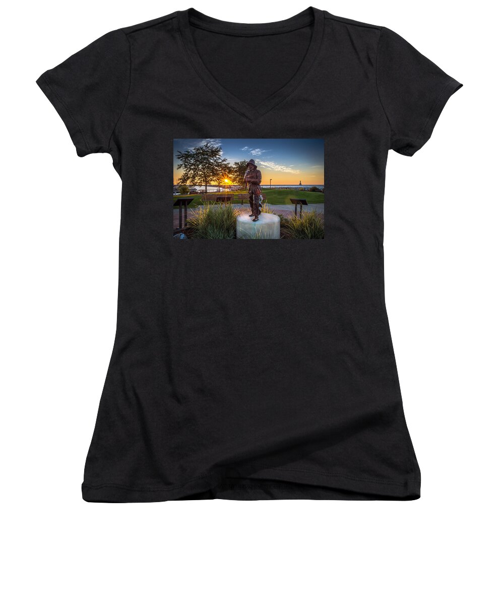 Sunrise Women's V-Neck featuring the photograph Sunrise with the Fisherman by James Meyer