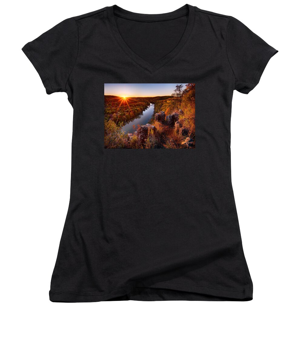 Ozark Women's V-Neck featuring the photograph Sunset At Paint-Rock Bluff by Robert Charity