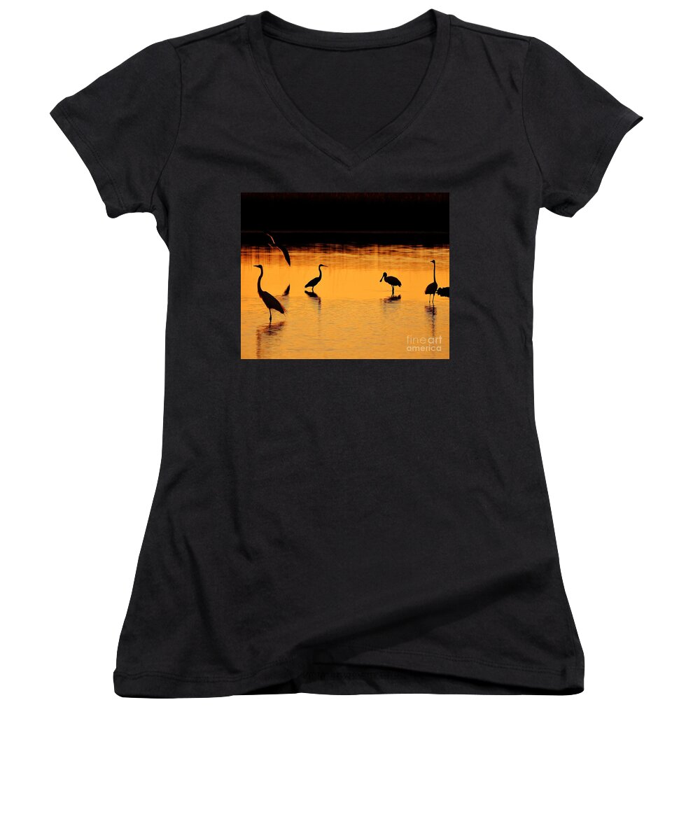 Wading Birds Women's V-Neck featuring the photograph Sunset Silhouette by Al Powell Photography USA