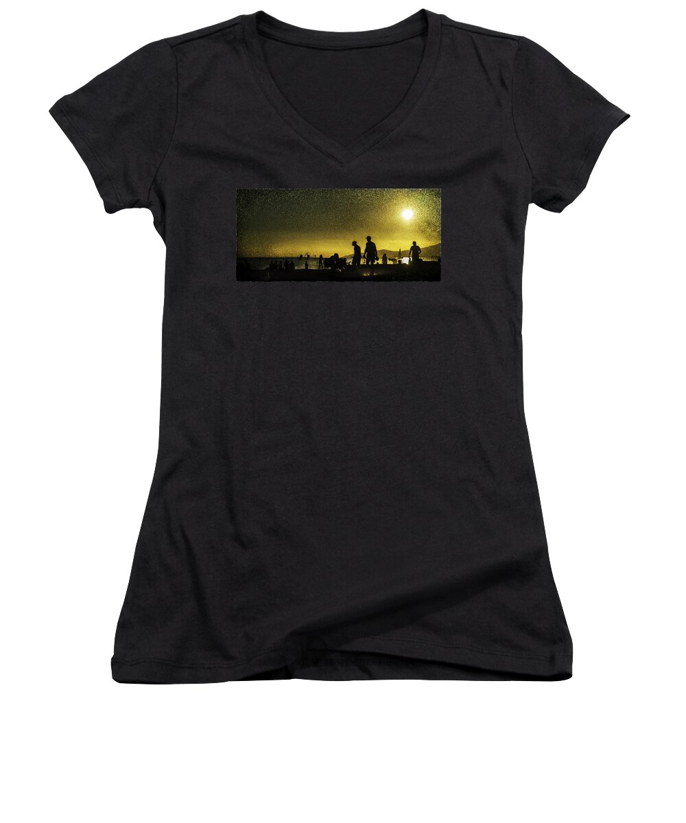 Back Lit Women's V-Neck featuring the photograph Sunset silhouette of people at the beach by Peter V Quenter
