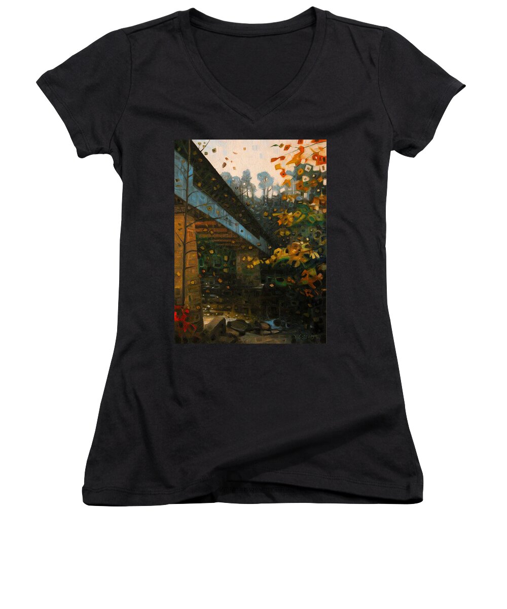 Swann Covered Bridge Blount County Women's V-Neck featuring the painting Swann Covered Bridge and the colors of Autumn by T S Carson