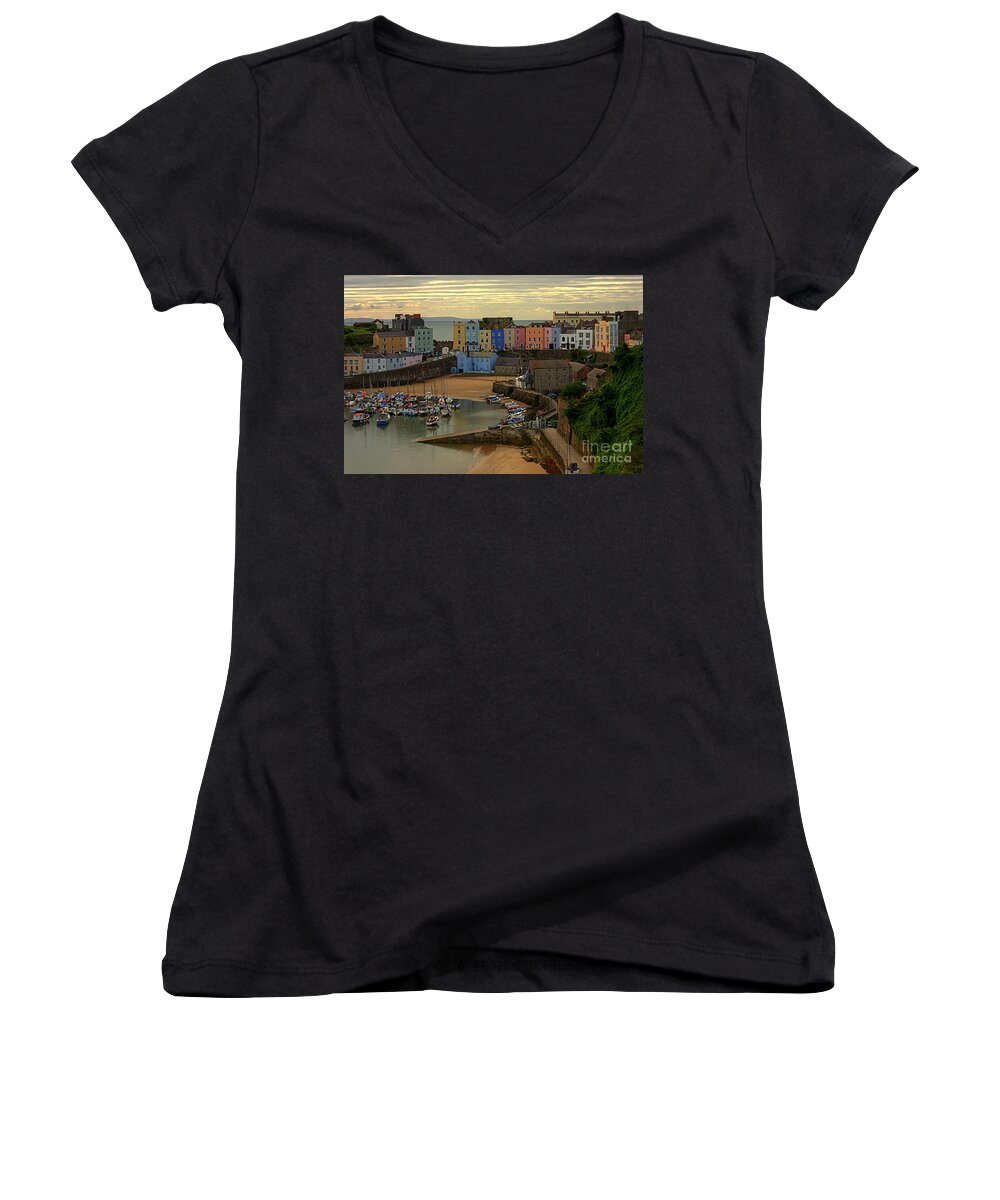 Tenby Women's V-Neck featuring the photograph Tenby Harbour in the Morning by Jeremy Hayden