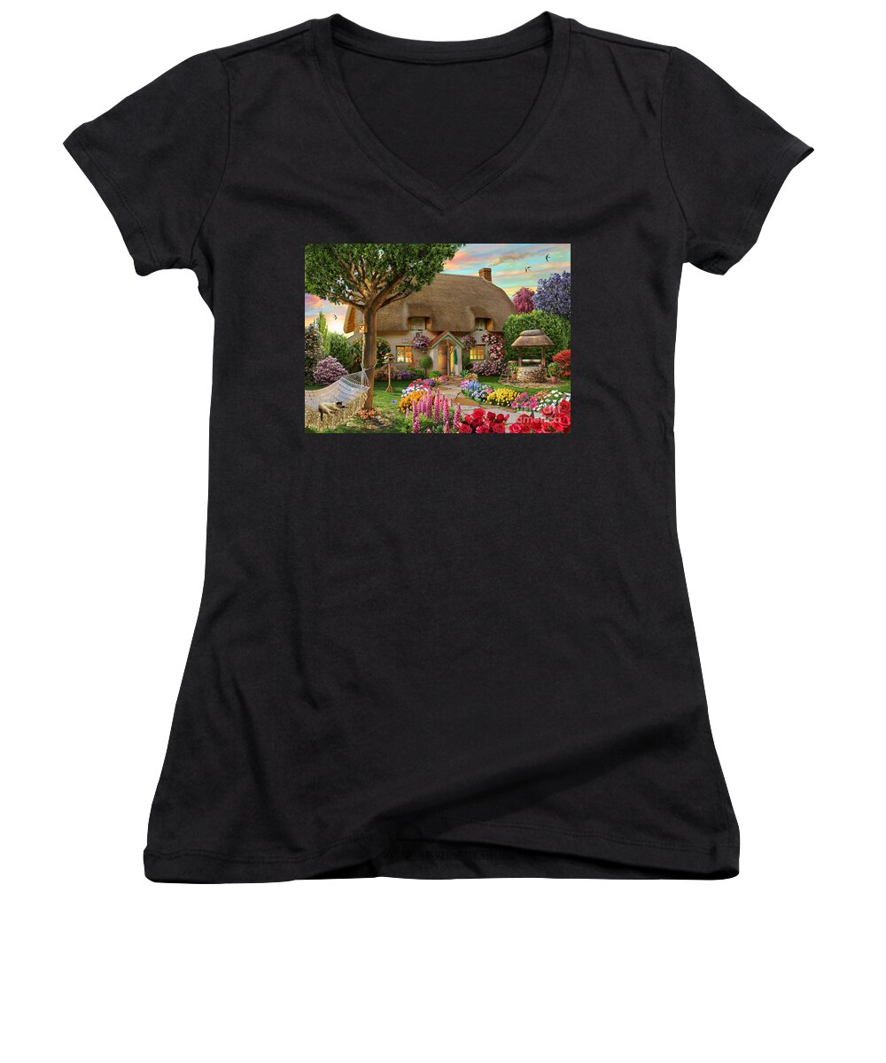 Thatched Cottage Women's V-Neck featuring the digital art Thatched Cottage by MGL Meiklejohn Graphics Licensing