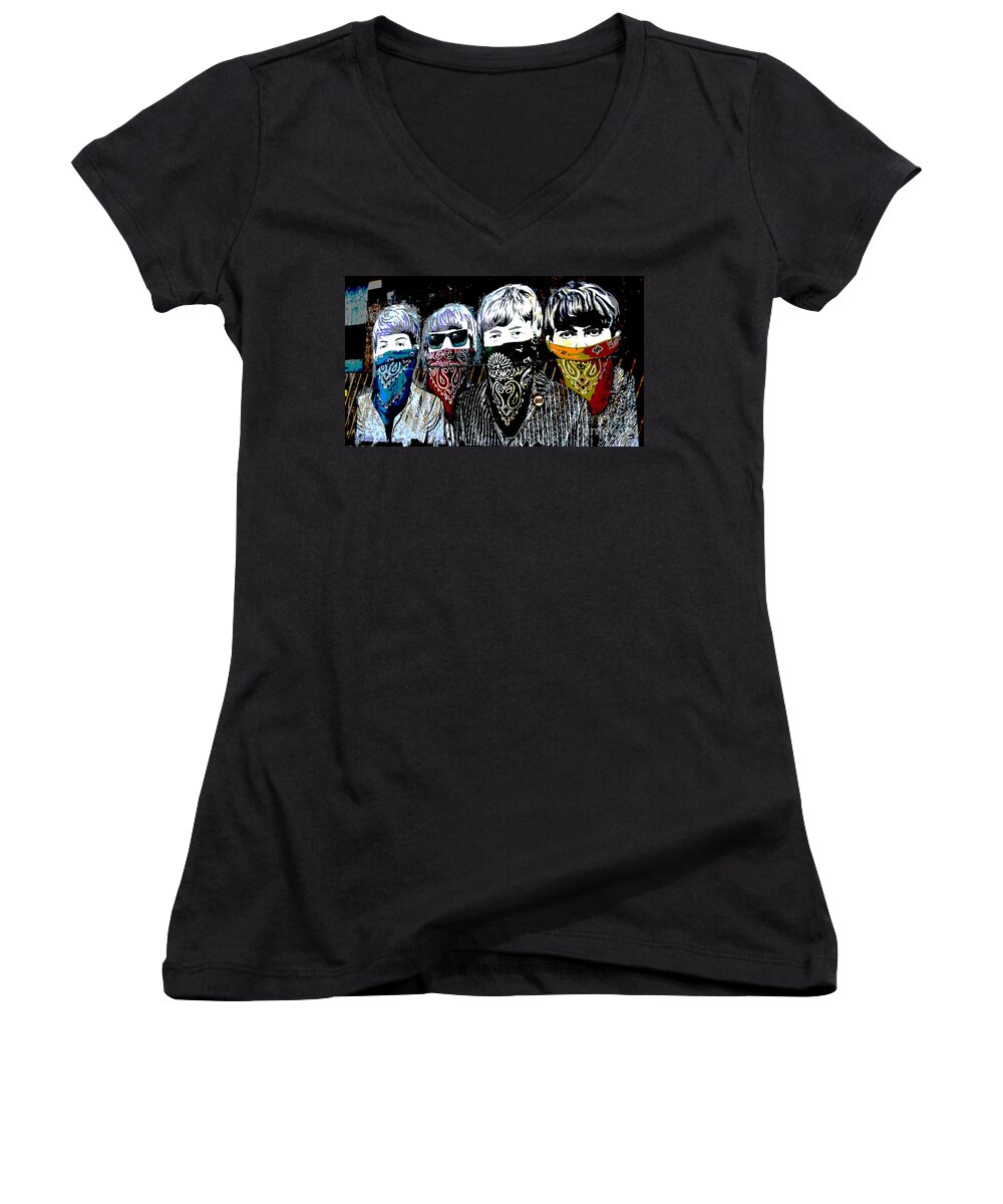 Banksy Women's V-Neck featuring the photograph The Beatles wearing face masks by RicardMN Photography