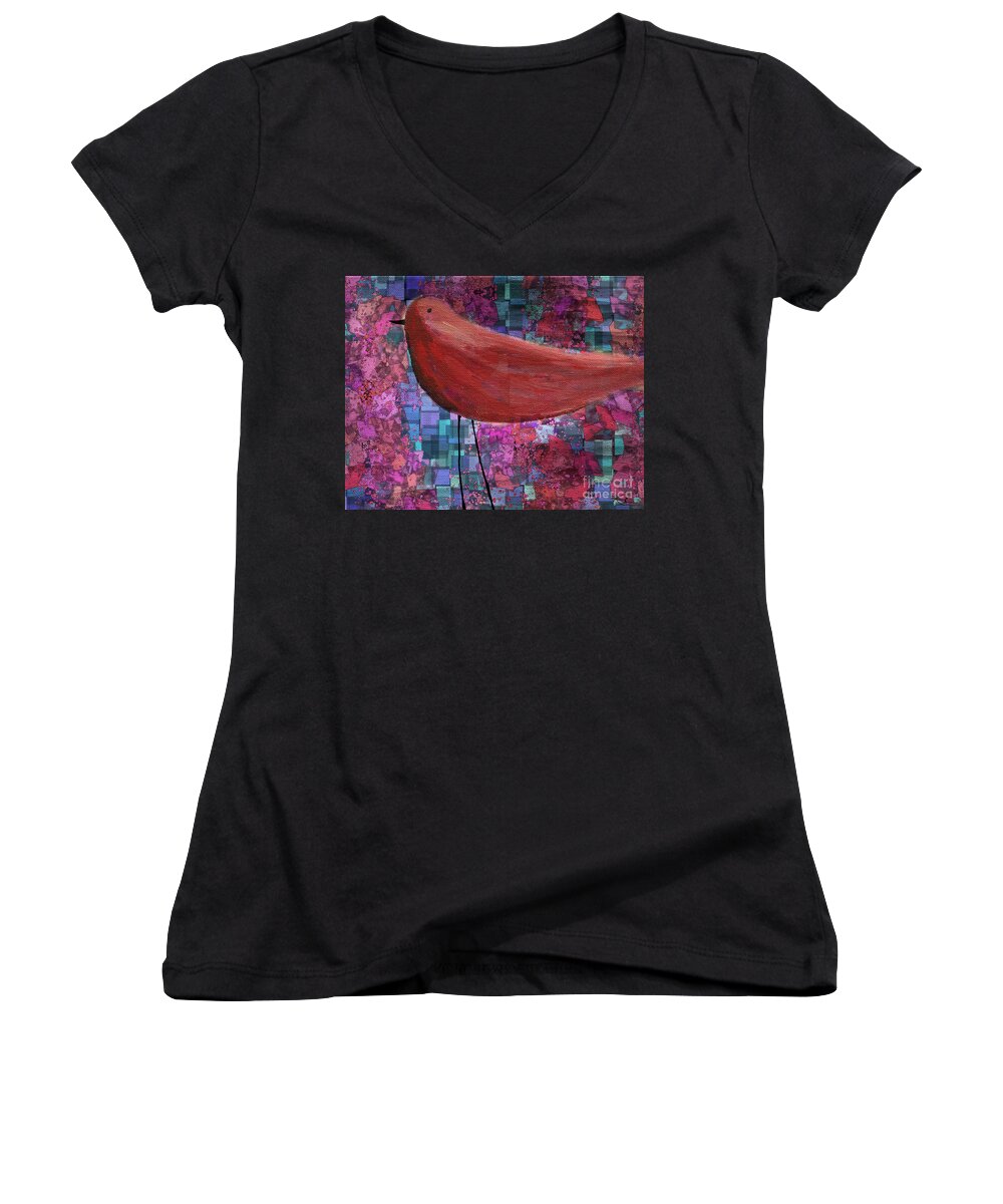 Red Women's V-Neck featuring the painting The Bird - 23a01a by Variance Collections