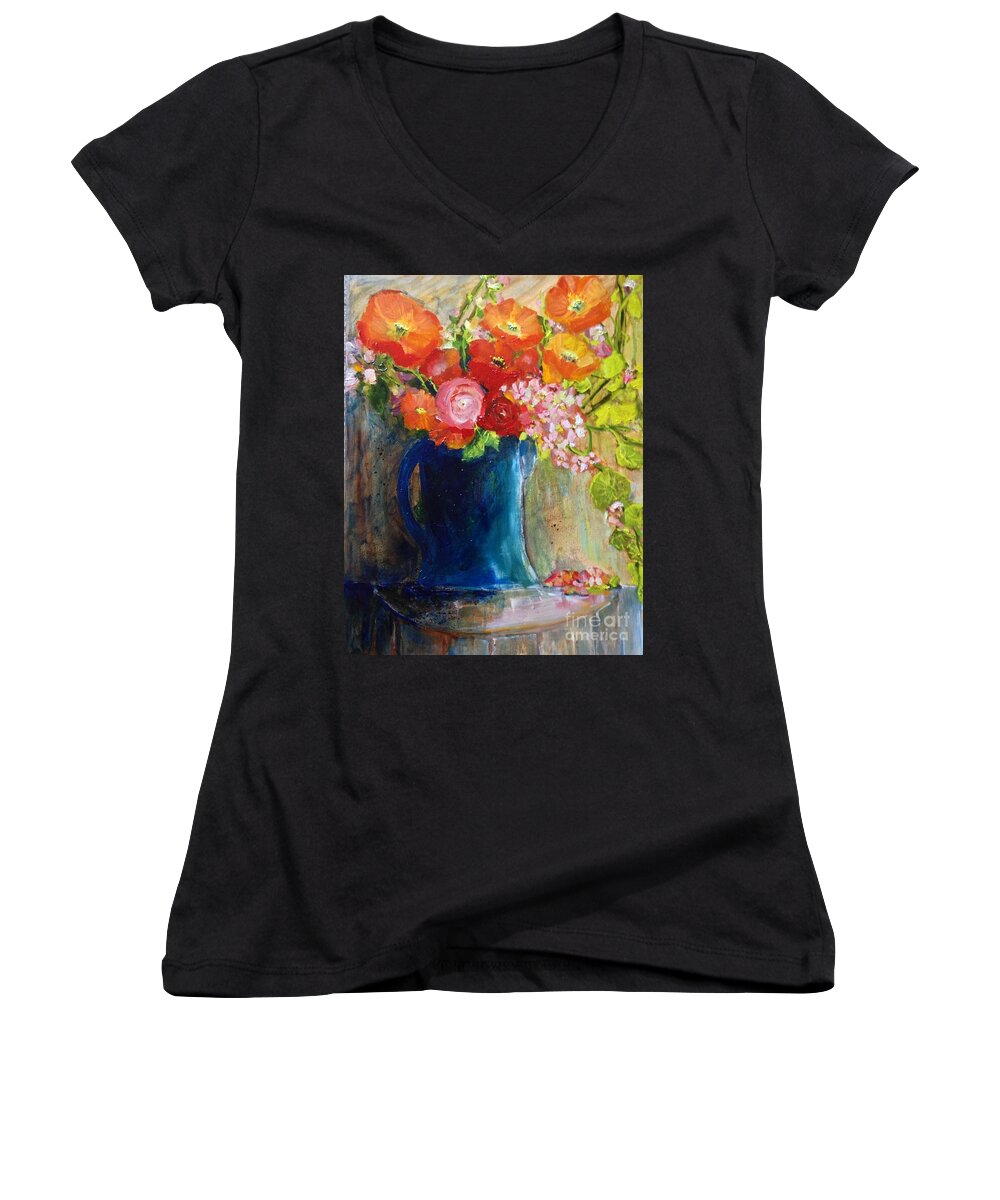 Red Poppies Women's V-Neck featuring the painting The Blue Jug by Sherry Harradence